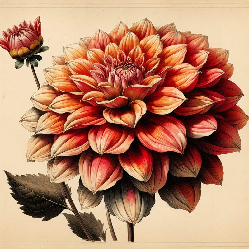 Botanical plate illustration of Hollyhill Beaucatcher dahlia, Flame Blend Informal Decorative