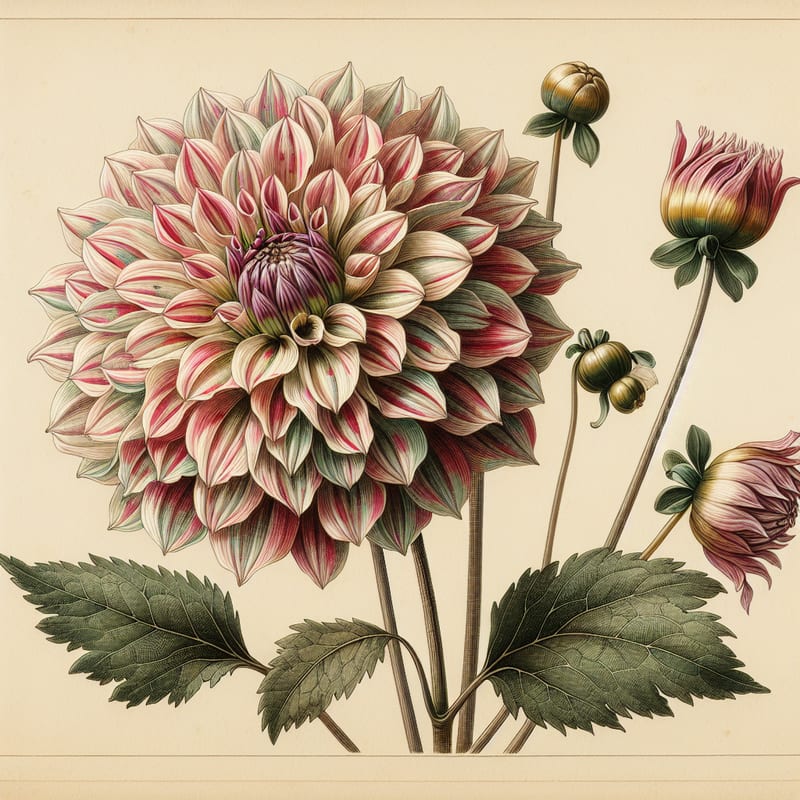 Botanical plate illustration of Hollyhill Candy Stripe dahlia, Variegated Laciniated