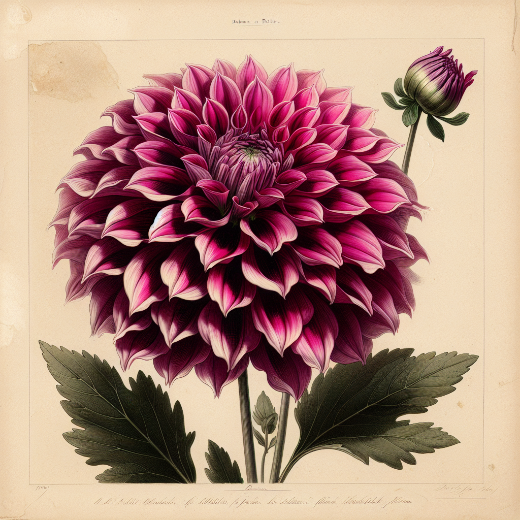 Botanical plate illustration of Hollyhill Cotton Candy dahlia, Dark Pink Incurved Cactus