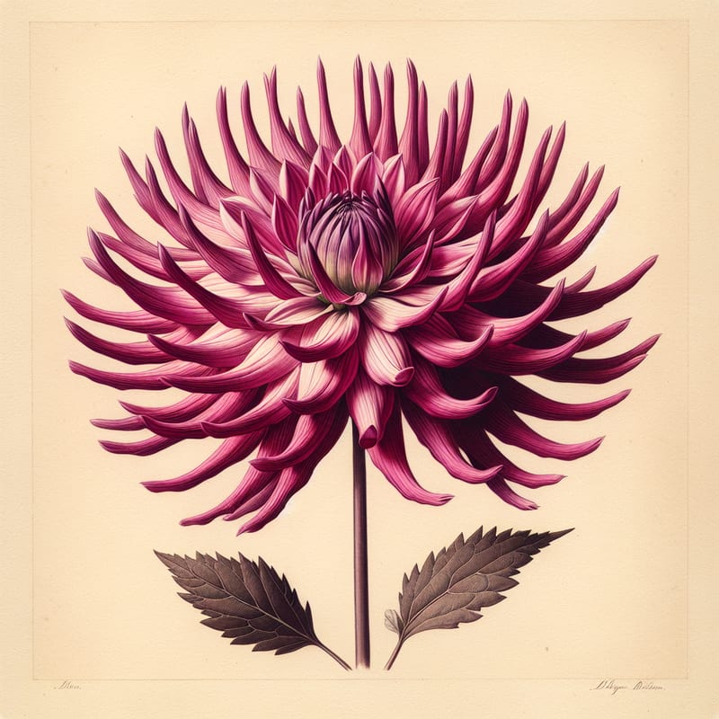 Botanical plate illustration of Hollyhill Daydream dahlia, Dark Pink Straight Cactus