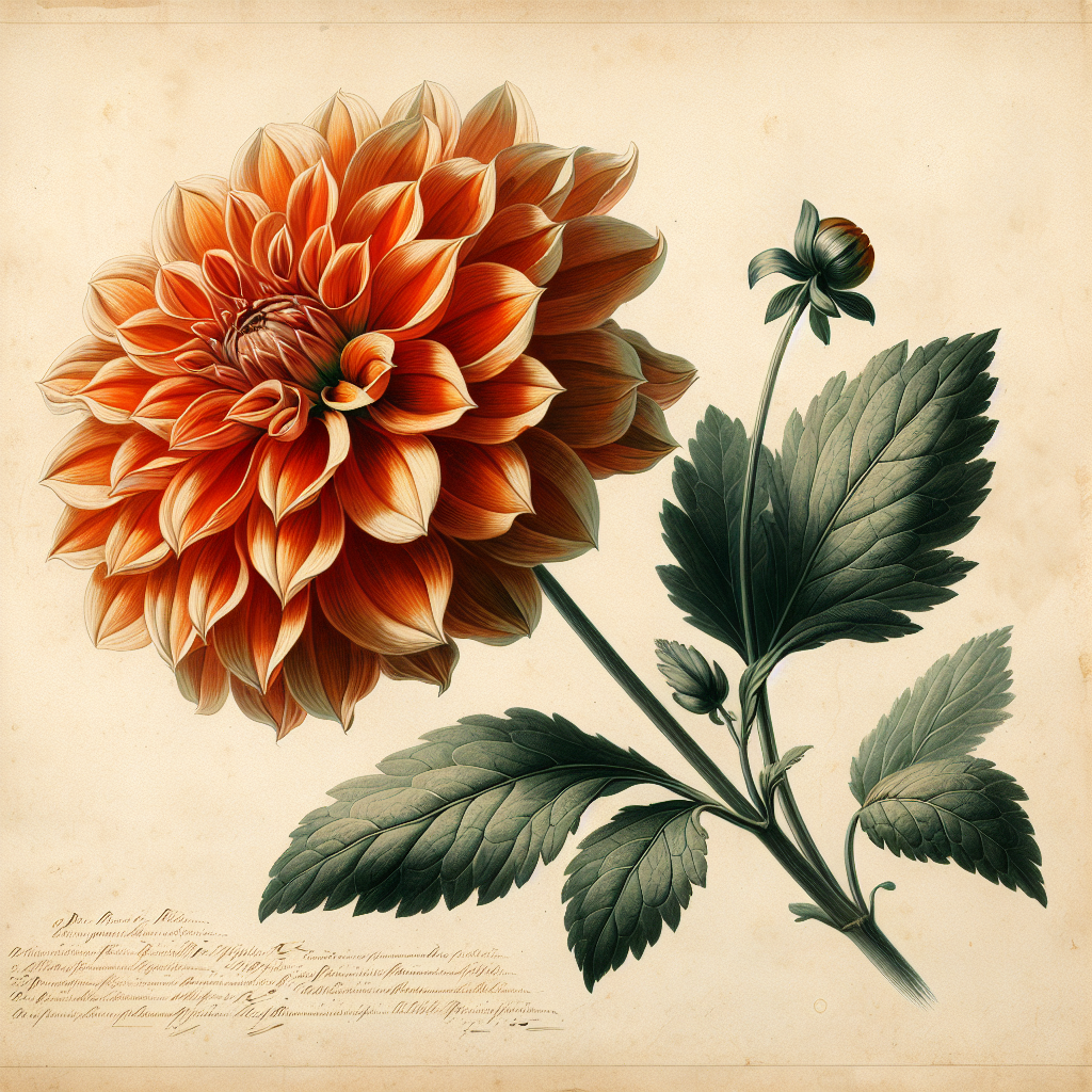 Botanical plate illustration of Hollyhill Electra dahlia, Orange Incurved Cactus