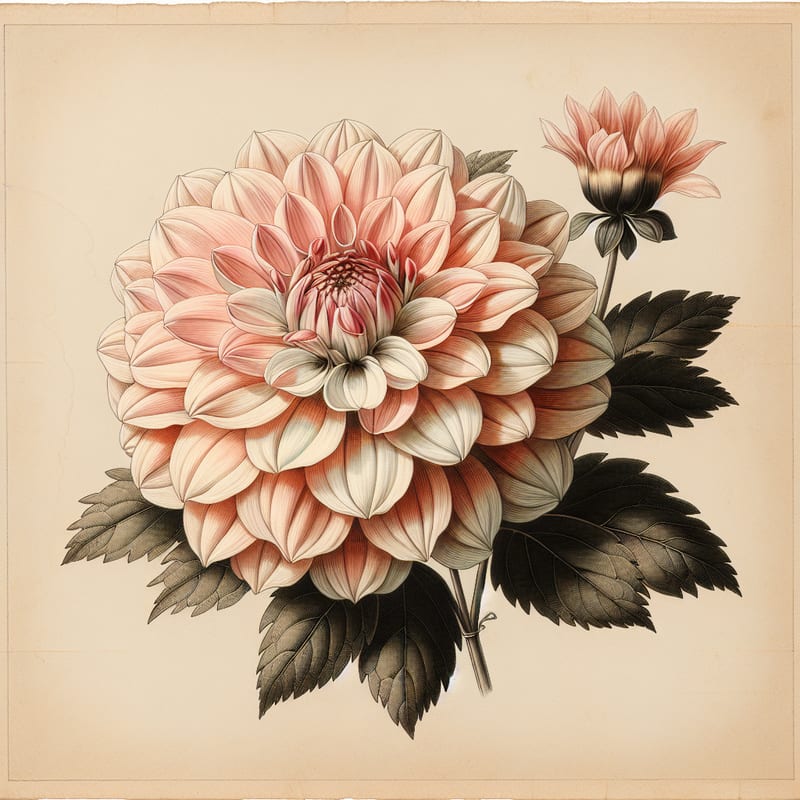 Botanical plate illustration of Hollyhill Gloria dahlia, Light Blend Formal Decorative