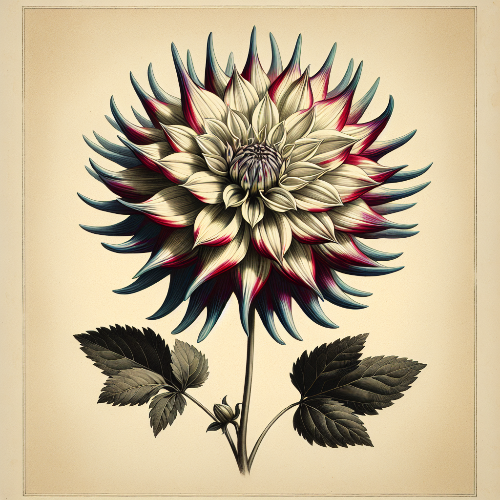 Botanical plate illustration of Hollyhill Lemon Ice dahlia, Bicolor Formal Decorative