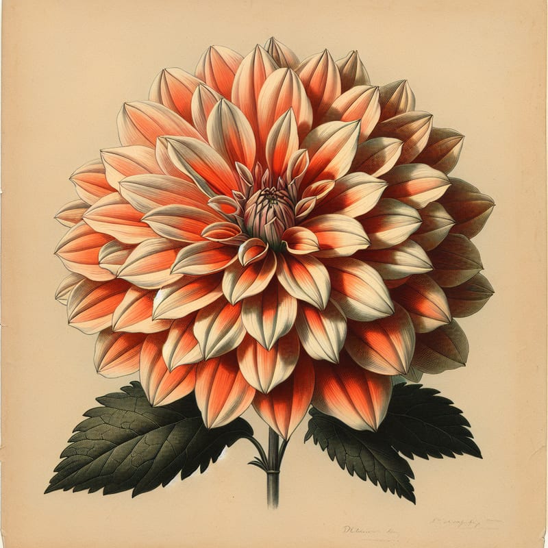 Botanical plate illustration of Hollyhill Orange Ice dahlia, Bicolor Formal Decorative