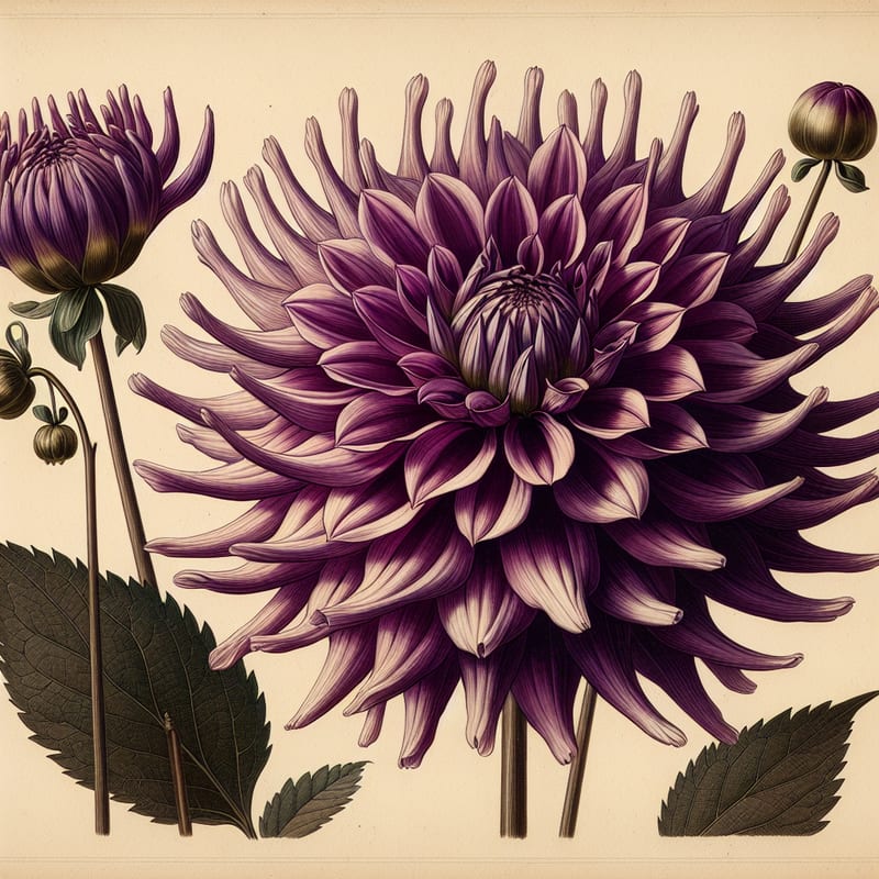 Botanical plate illustration of Hollyhill Pandora dahlia, Purple Straight Cactus