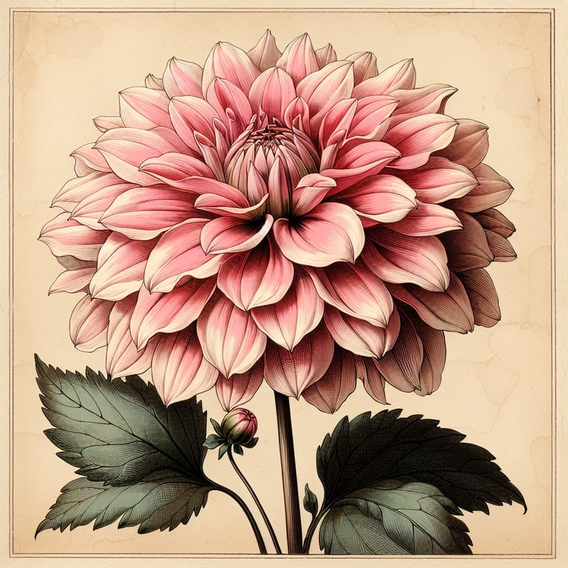 Botanical plate illustration of Hollyhill Pink Pearl dahlia, Pink Semi-Cactus