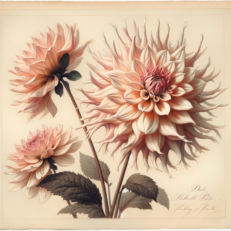 Botanical plate illustration of Hollyhill Pinkie dahlia, Light Blend Laciniated