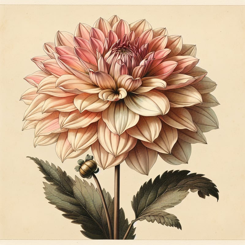 Botanical plate illustration of Hollyhill Serenity dahlia, Light Blend Straight Cactus