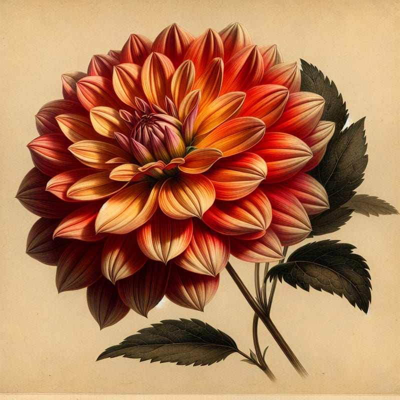 Botanical plate illustration of Hollyhill Starfire dahlia, Flame Blend Semi-Cactus