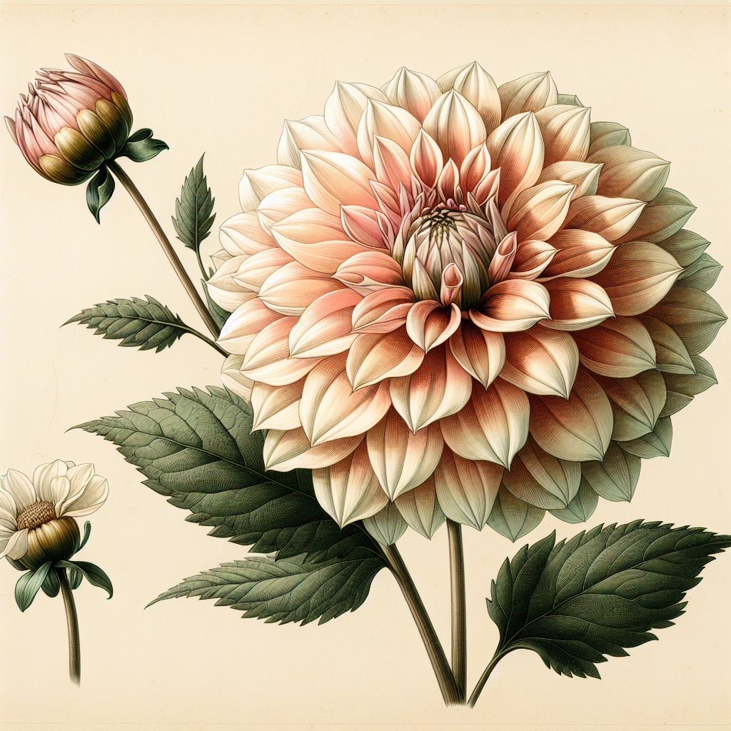 Botanical plate illustration of Honey Dew dahlia, Light Blend Formal Decorative