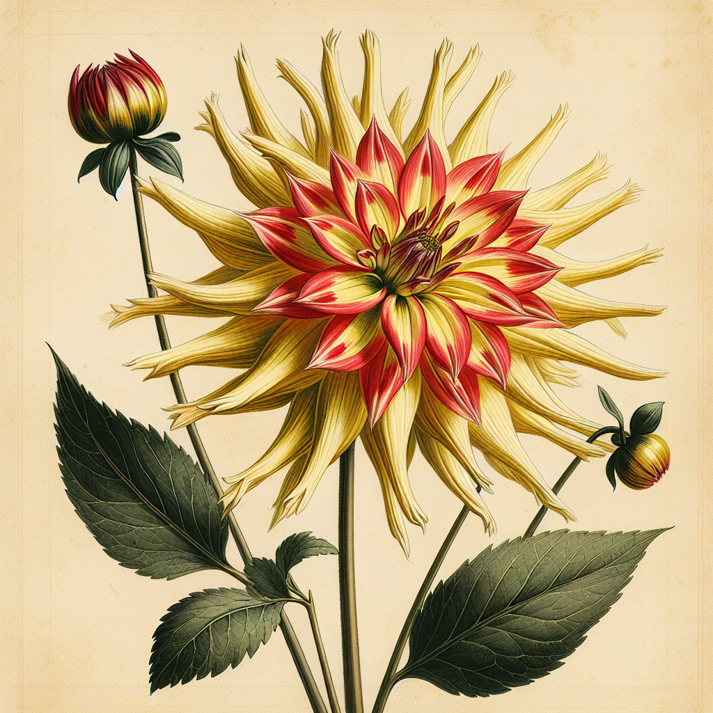Botanical plate illustration of Honka Red dahlia, Yellow Semi-Cactus