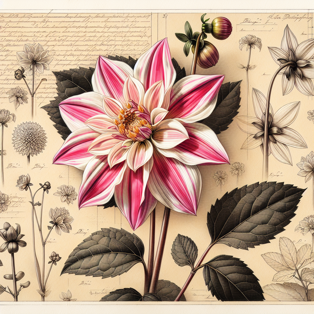 Botanical plate illustration of Honka Surprise dahlia, Dark Pink Semi-Cactus