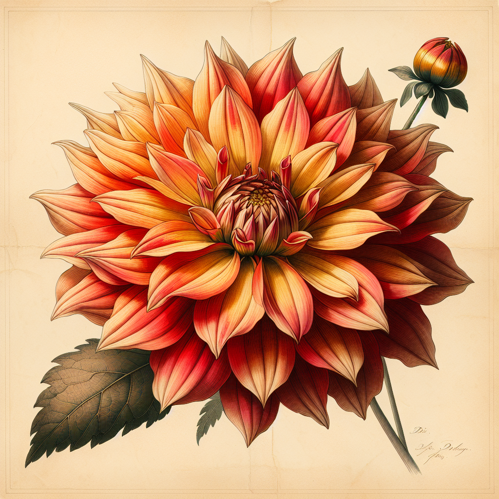 Botanical plate illustration of HS Flame dahlia, Flame Blend Collarette