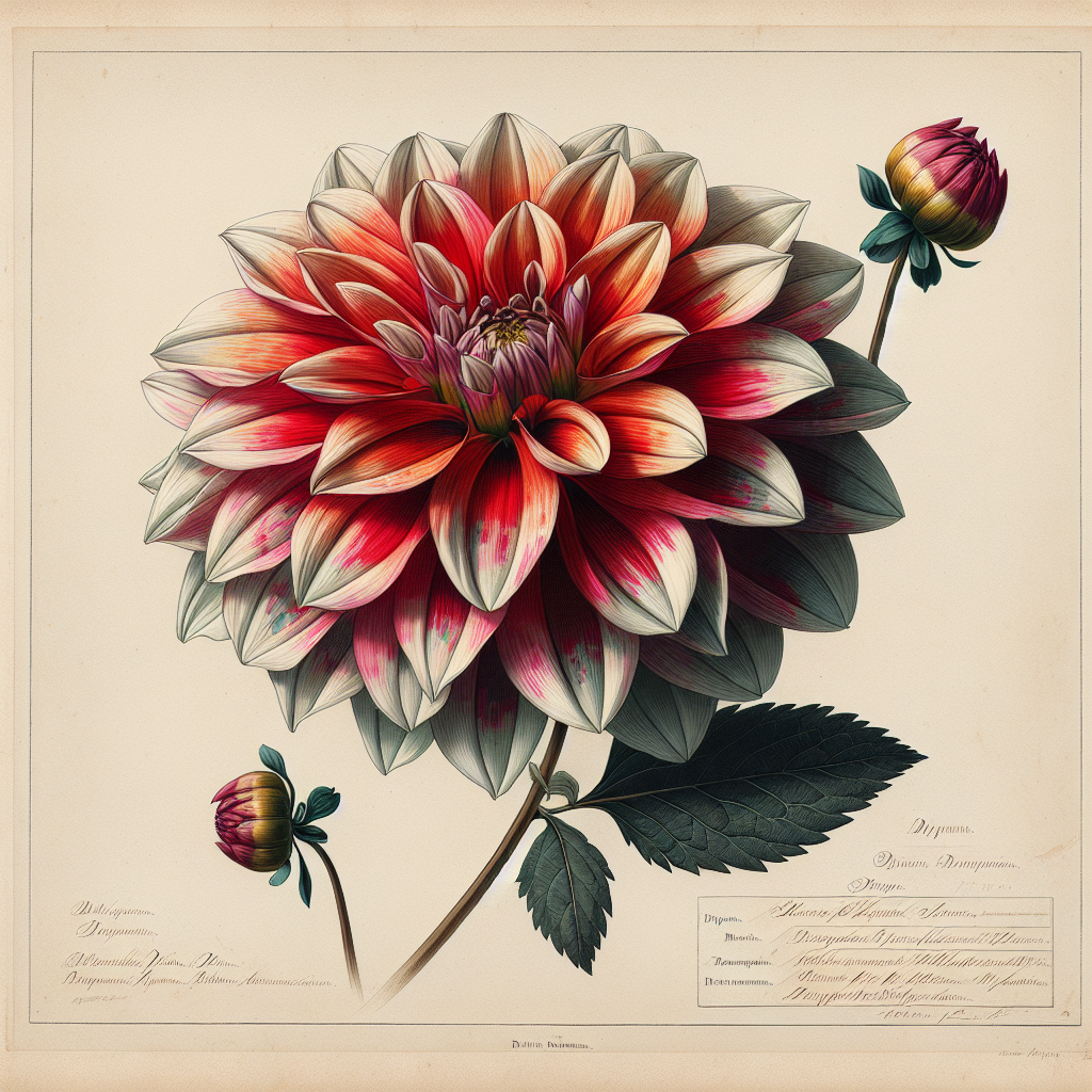Botanical plate illustration of Hy Pimento dahlia, Variegated Semi-Cactus