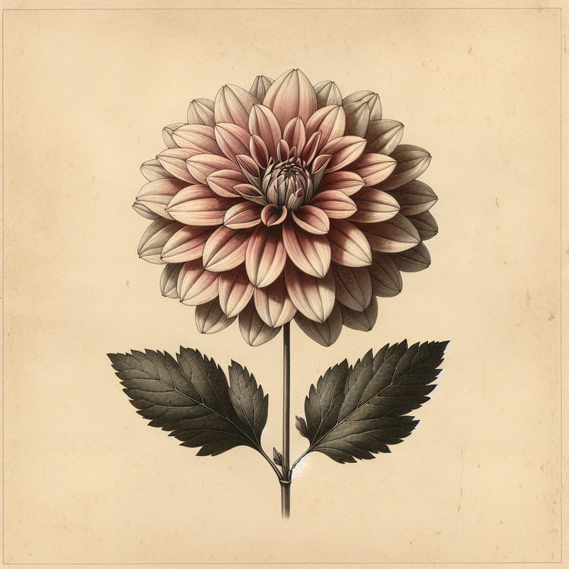 Botanical plate illustration of Ice Crystal dahlia, White Incurved Cactus