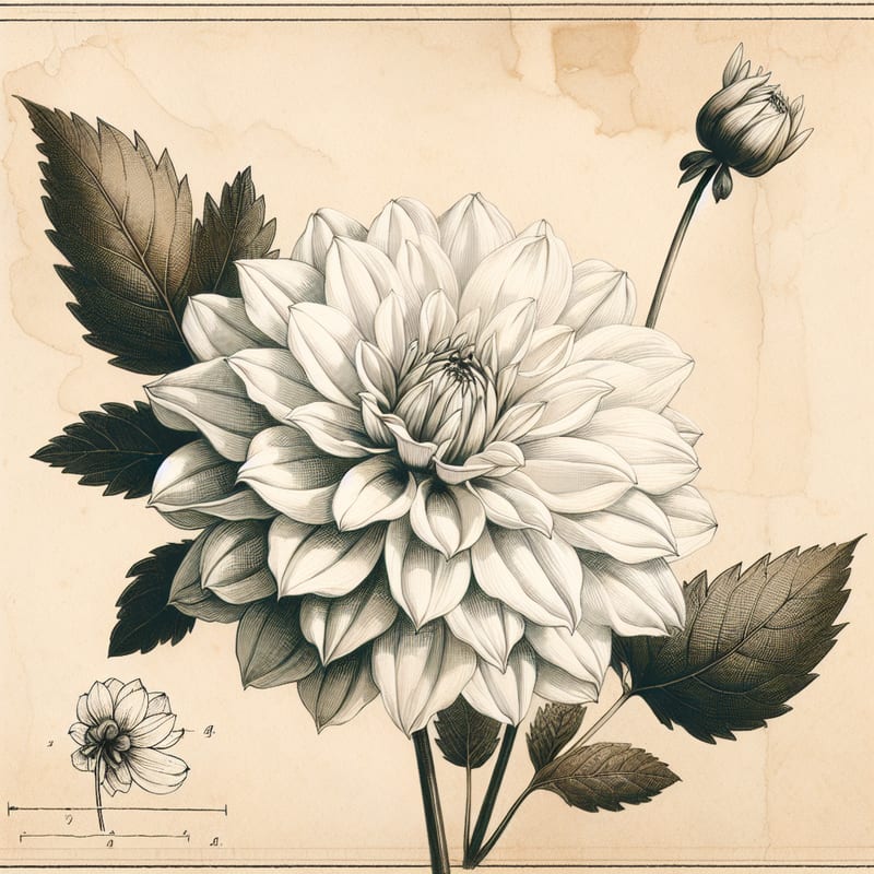 Botanical plate illustration of Ice Queen dahlia, White Semi-Cactus