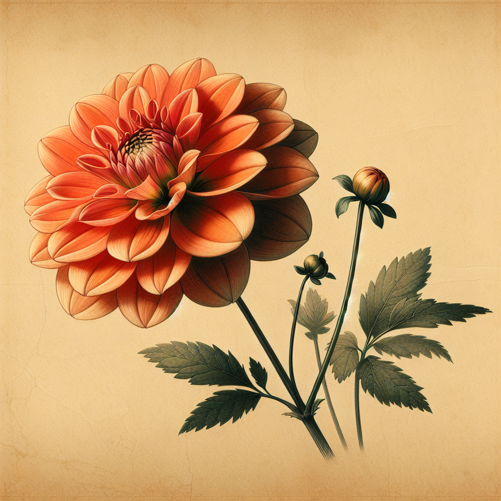 Botanical plate illustration of Inflammation dahlia, Orange Mignon Single