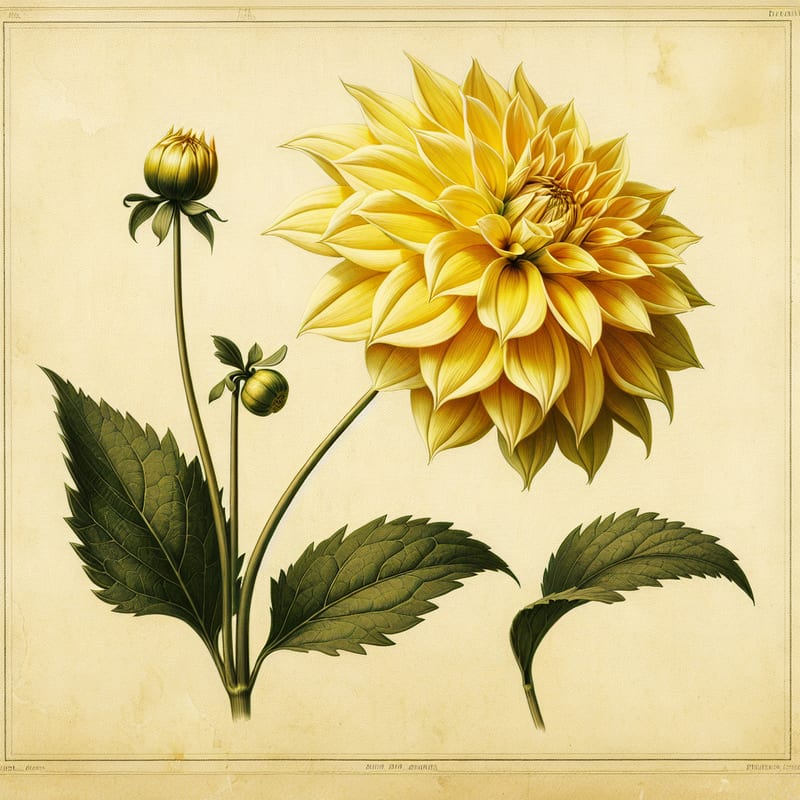 Botanical plate illustration of Inland Dynasty dahlia, Yellow Semi-Cactus