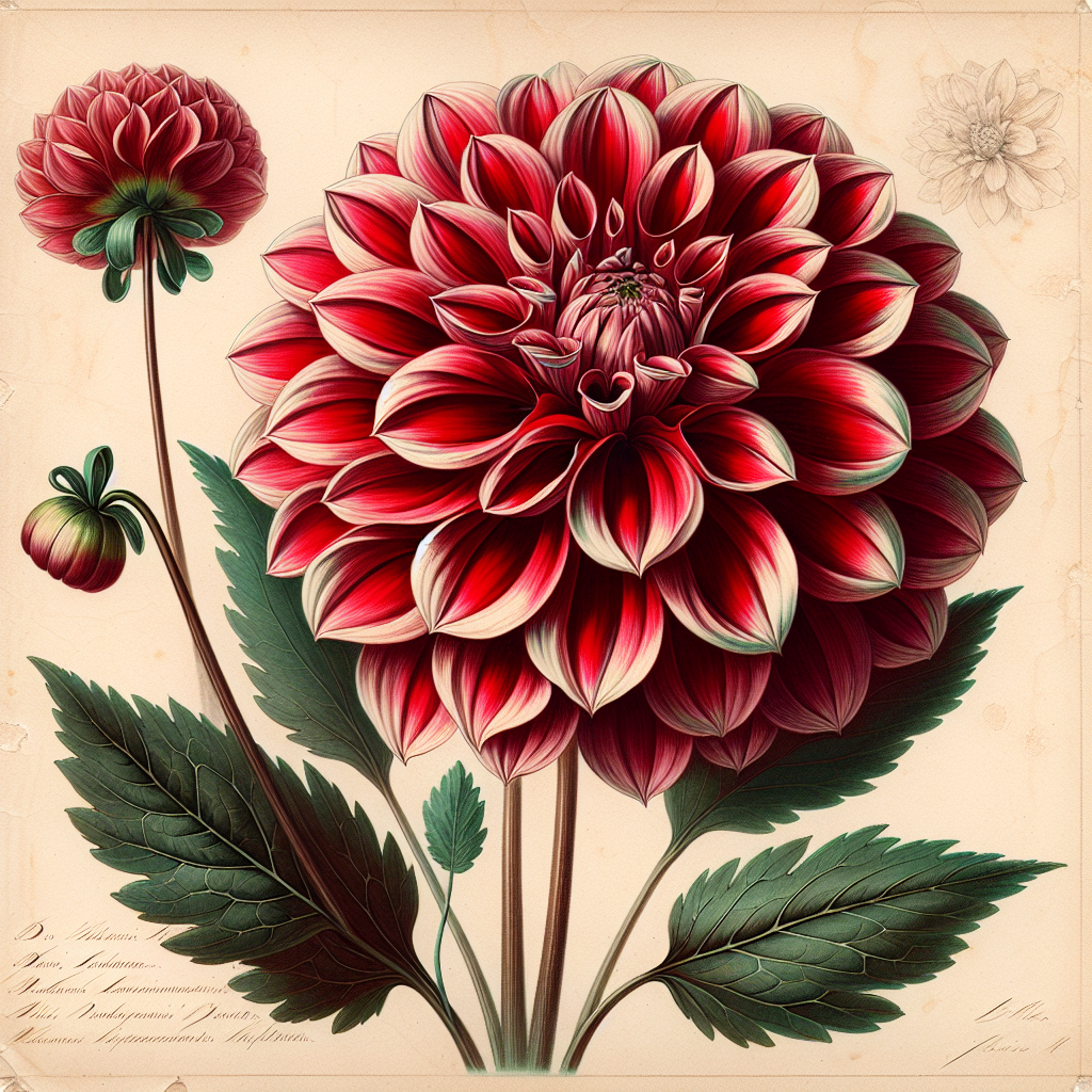 Botanical plate illustration of Inland National dahlia, Red Formal Decorative
