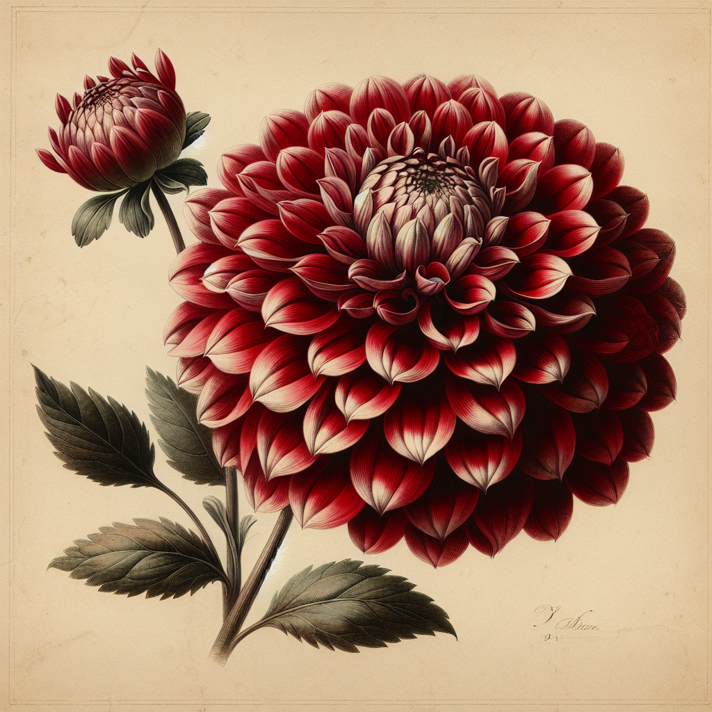 Botanical plate illustration of Irish Glow dahlia, Red Pompon