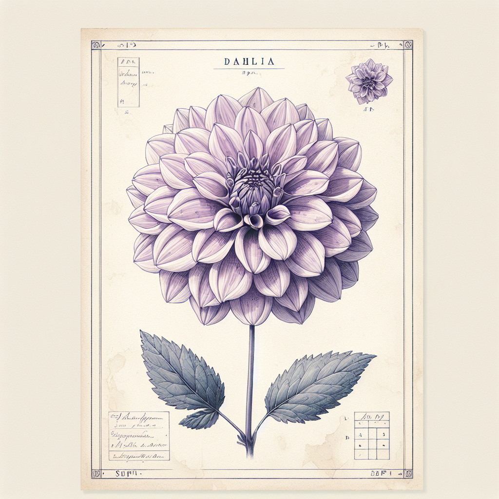 Botanical plate illustration of Isabel dahlia, Lavender Formal Decorative