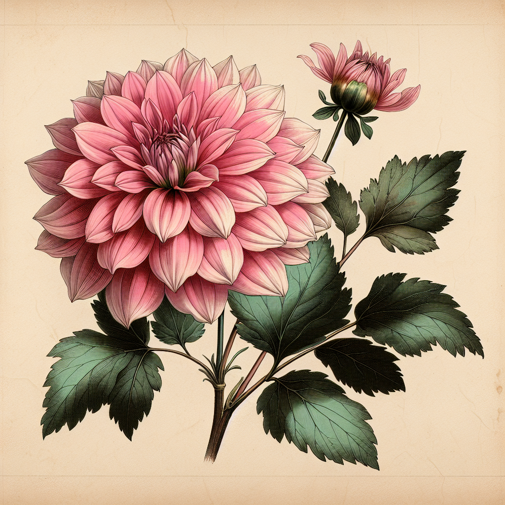 Botanical plate illustration of Islander dahlia, Dark Blend Informal Decorative