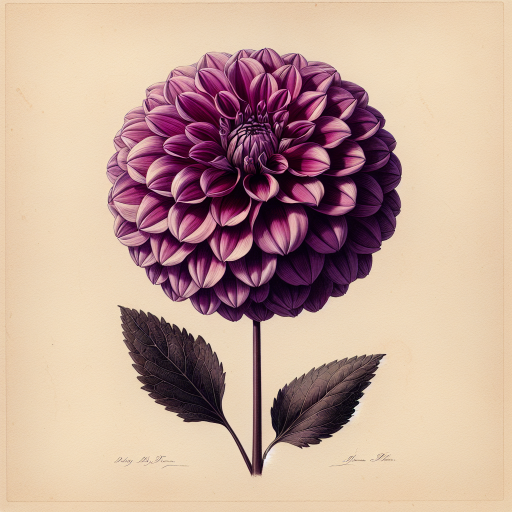 Botanical plate illustration of Ivanetti dahlia, Purple Mini Ball