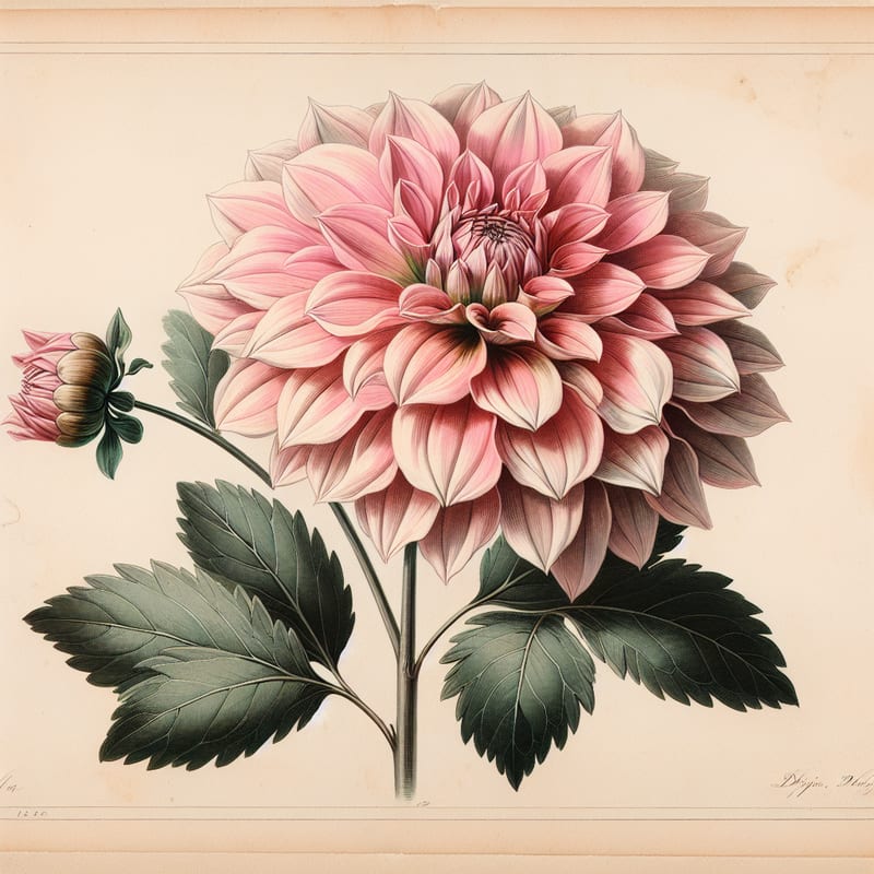 Botanical plate illustration of Jersey's Beauty dahlia, Pink Formal Decorative
