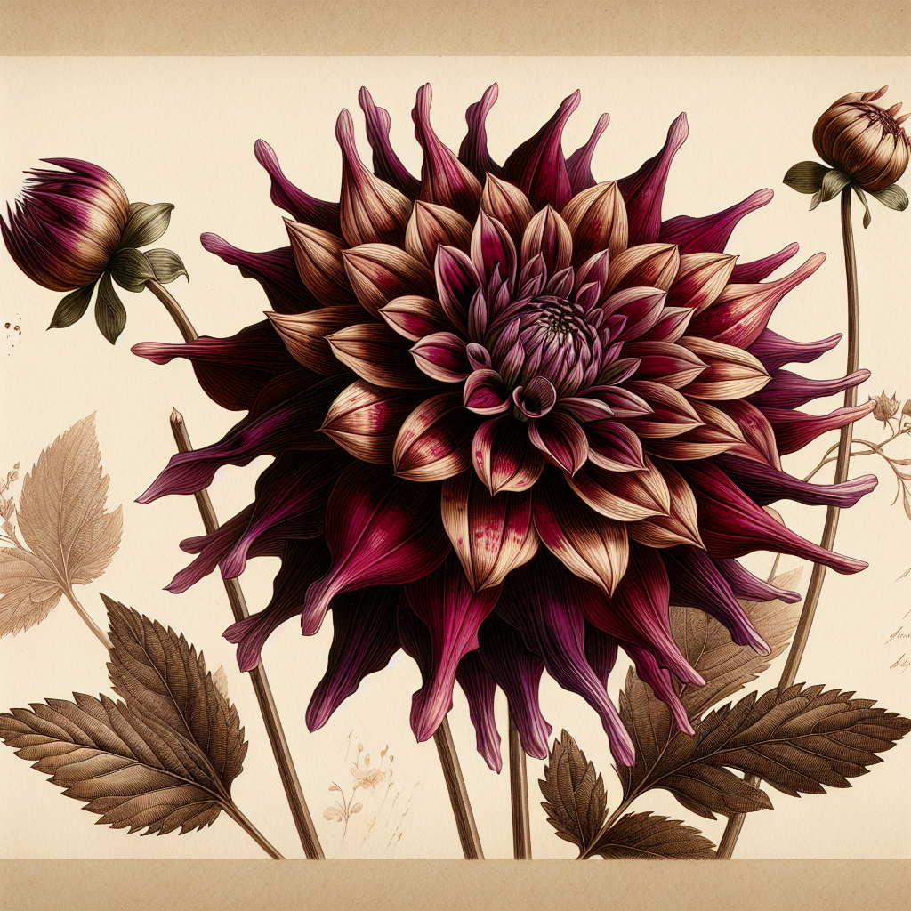 Botanical plate illustration of Jescot Julie dahlia, Dark Blend Formal Decorative