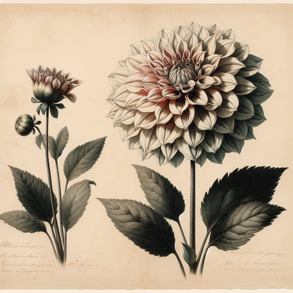 Botanical plate illustration of Jessica dahlia, Bicolor Incurved Cactus