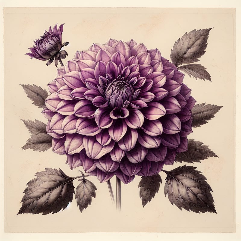 Botanical plate illustration of Jessie G dahlia, Purple Formal Decorative