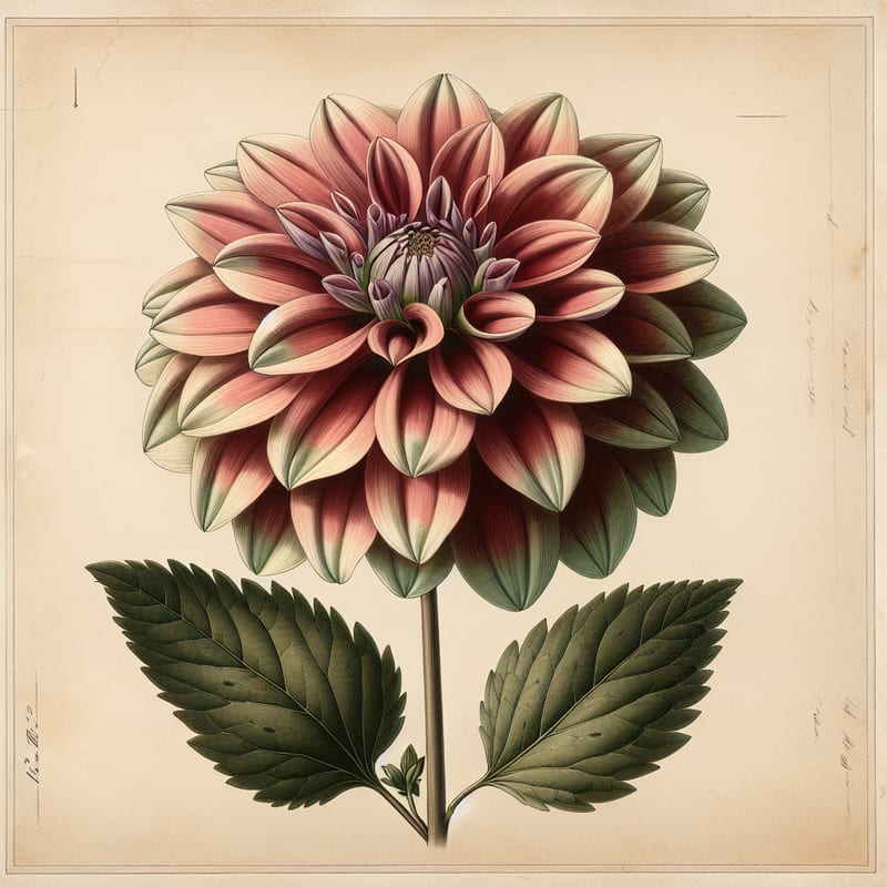 Botanical plate illustration of Jive dahlia, Bicolor Anemone