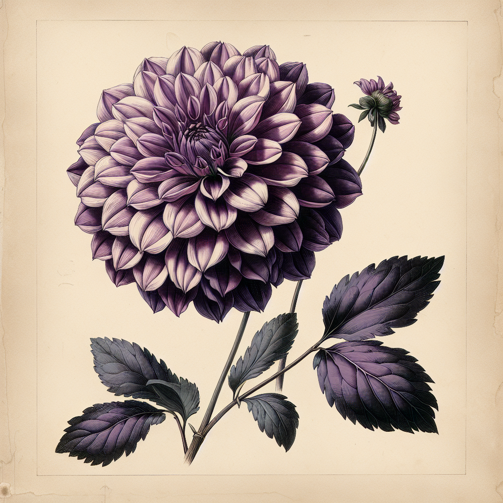 Botanical plate illustration of Jowey Anouschka dahlia, Purple Formal Decorative