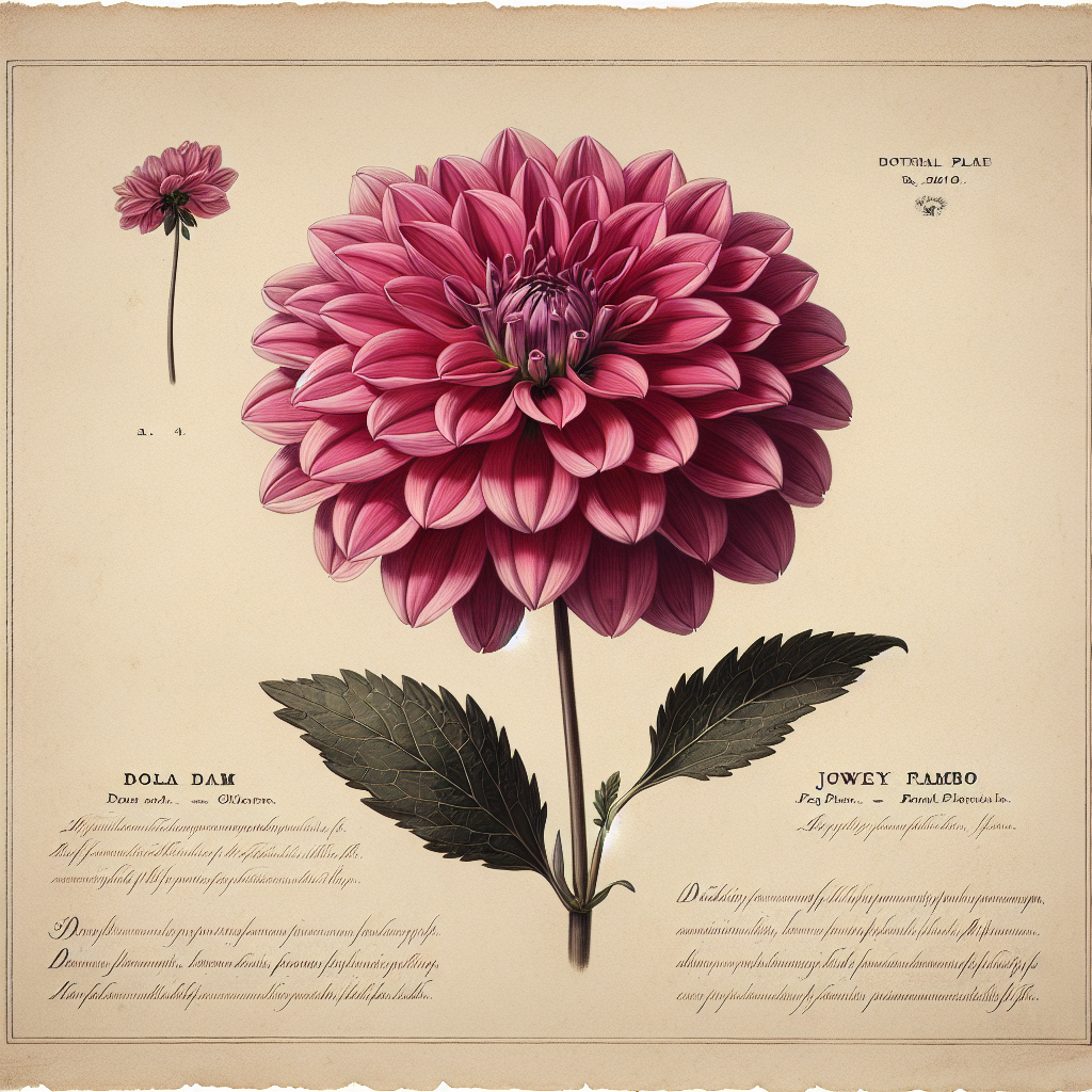 Botanical plate illustration of Jowey Frambo dahlia, Dark Pink Informal Decorative