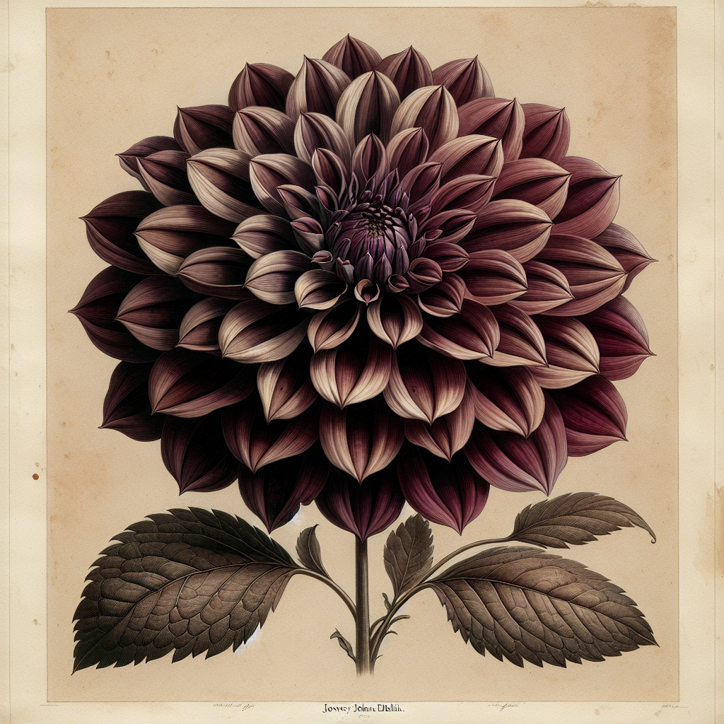 Botanical plate illustration of Jowey Joshua dahlia, Dark Blend Formal Decorative