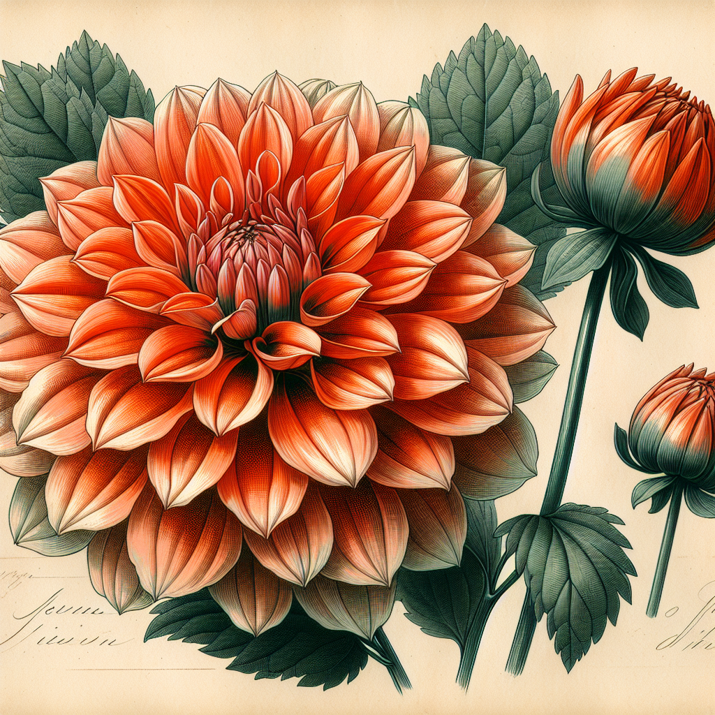 Botanical plate illustration of Jowey Nicky dahlia, Orange Formal Decorative