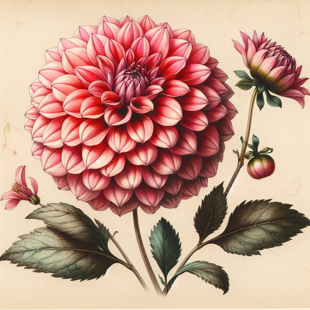 Botanical plate illustration of Jowey Winnie dahlia, Dark Pink Formal Decorative
