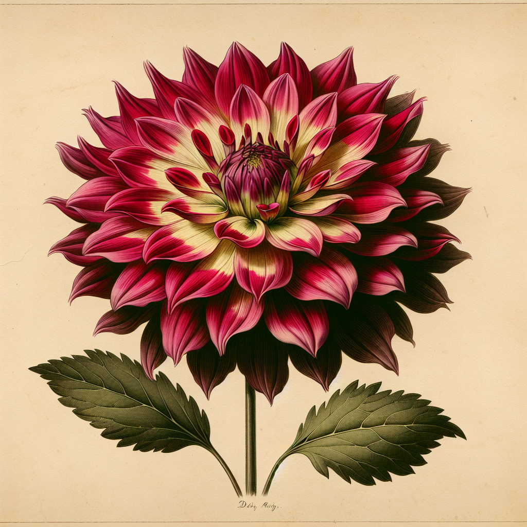 Botanical plate illustration of Julie One dahlia, Dark Pink Straight Cactus