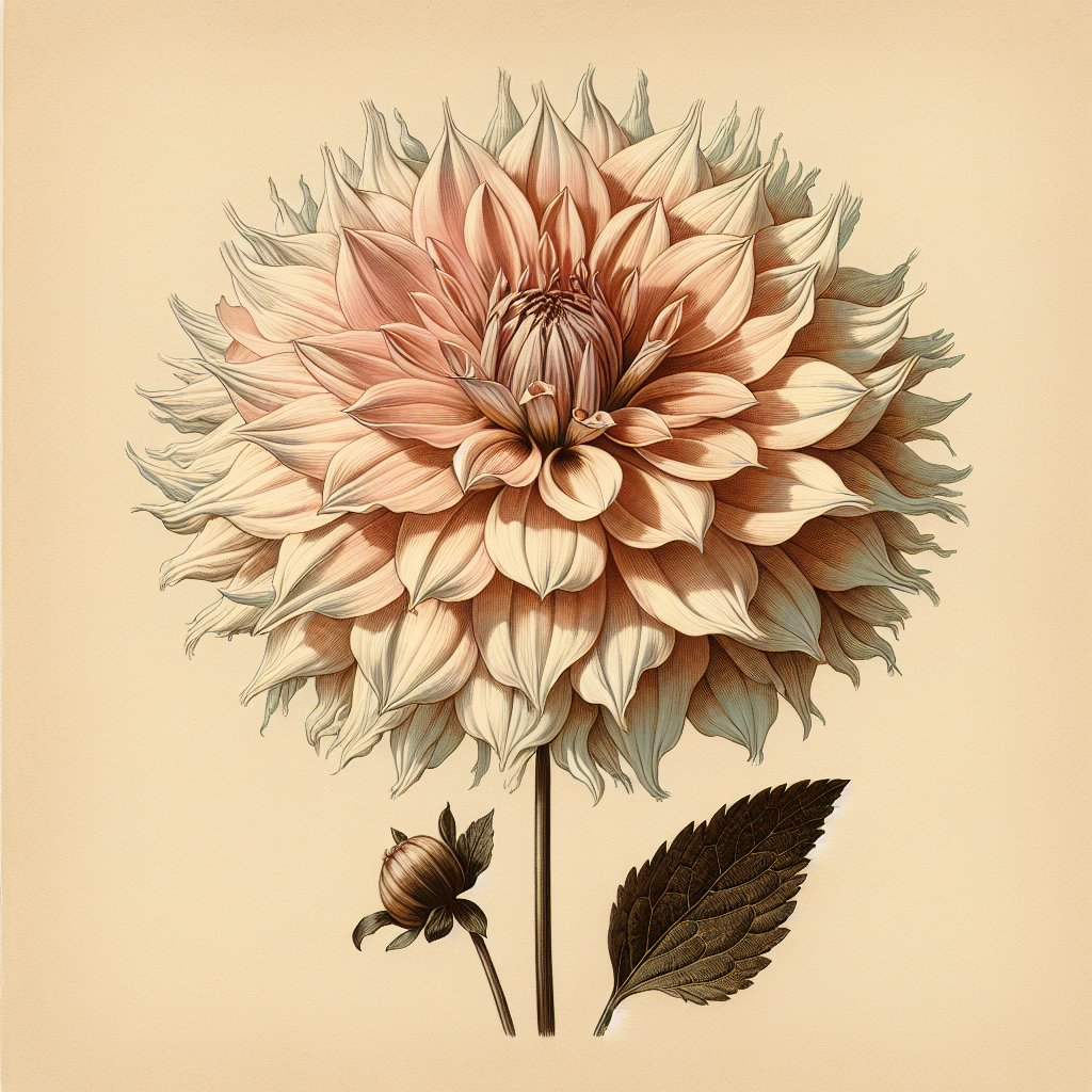 Botanical plate illustration of Just Married dahlia, Light Blend Laciniated