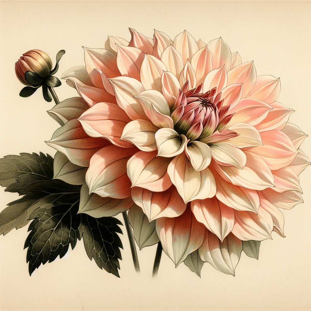 Botanical plate illustration of Karma Amanda dahlia, Light Blend Semi-Cactus