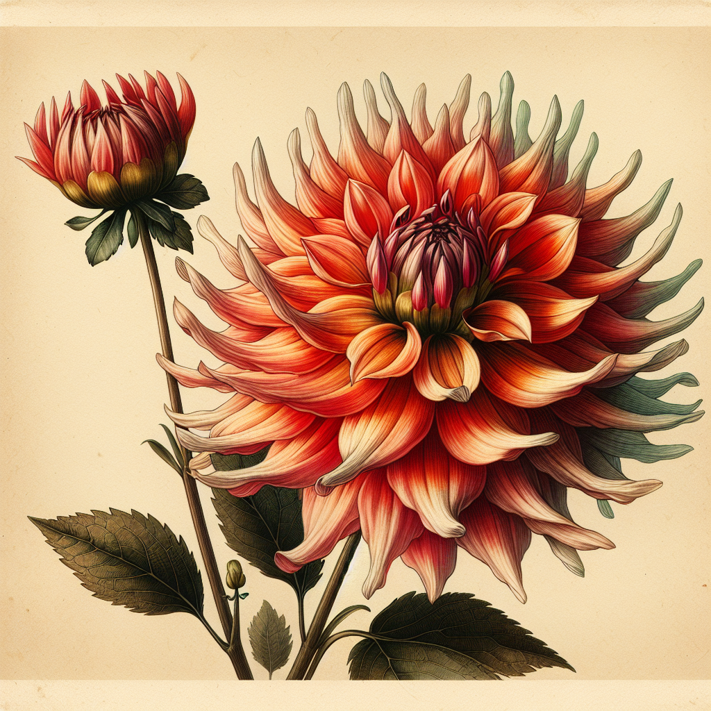 Botanical plate illustration of Karma Bon Bini dahlia, Flame Blend Straight Cactus