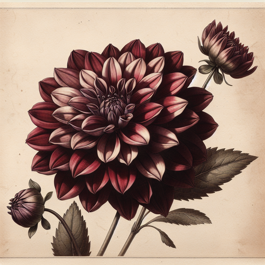 Botanical plate illustration of Karma Choc dahlia, Dark Red Straight Cactus