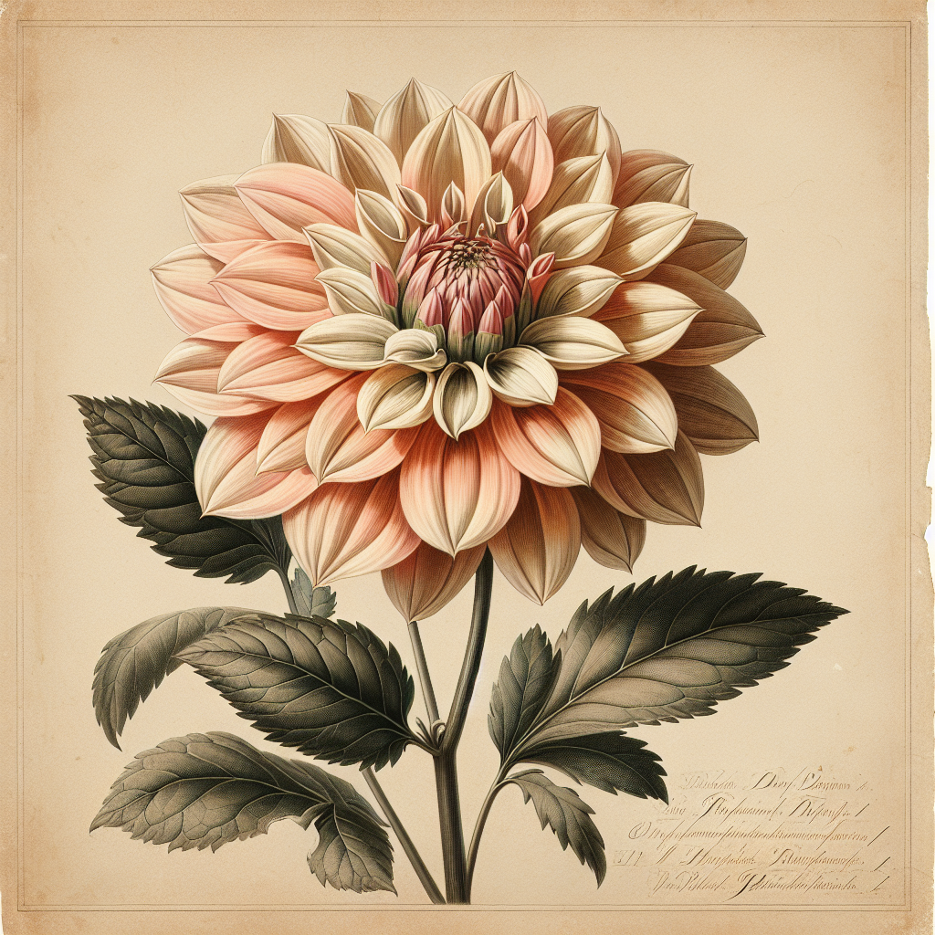 Botanical plate illustration of Karma Corona dahlia, Light Blend Semi-Cactus