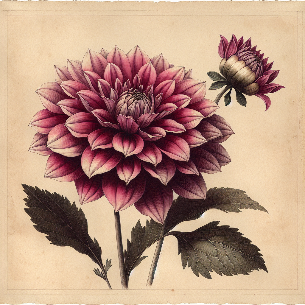 Botanical plate illustration of Karma Fuchsiana dahlia, Dark Pink Straight Cactus