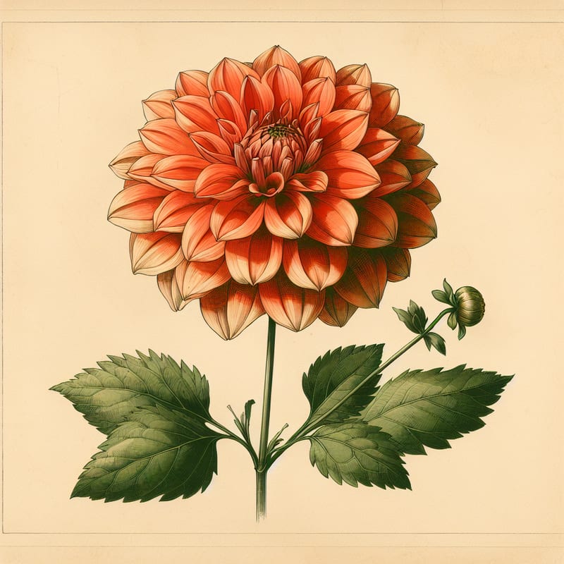 Botanical plate illustration of Karma Gold dahlia, Orange Informal Decorative