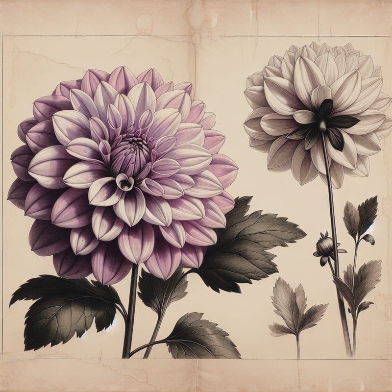 Botanical plate illustration of Karma Irene dahlia, Lavender Informal Decorative