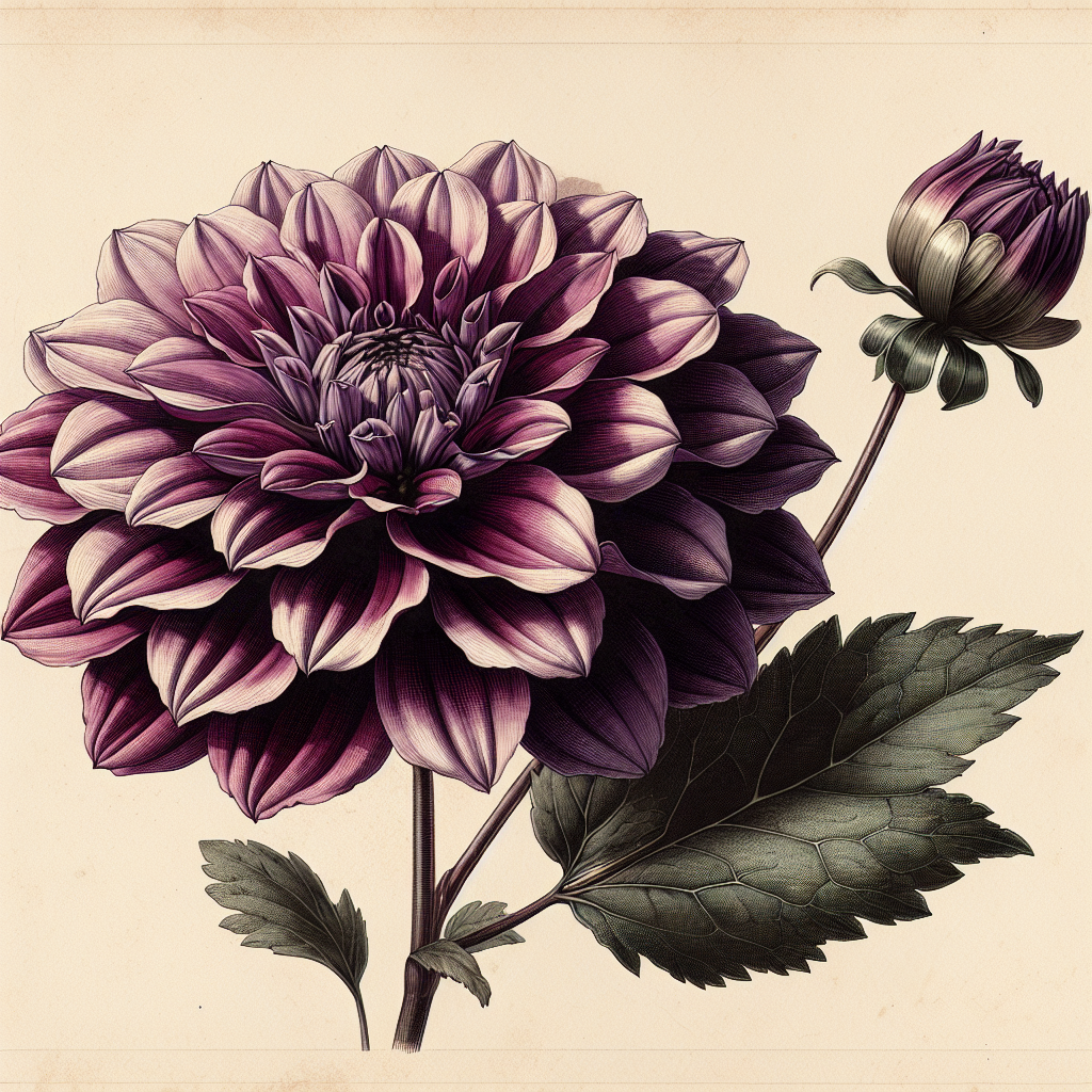 Botanical plate illustration of Karma Lagoon dahlia, Purple Straight Cactus