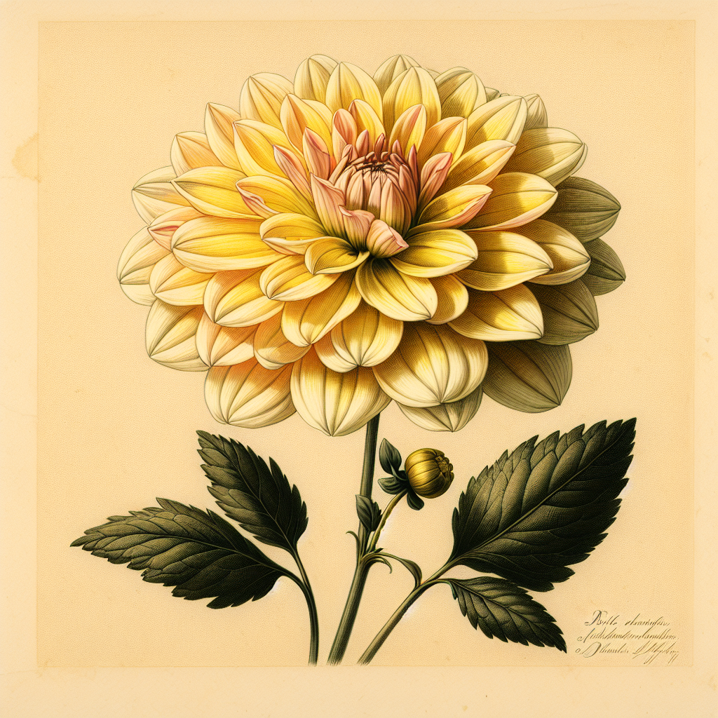 Botanical plate illustration of Karma Naomi dahlia, Yellow Informal Decorative