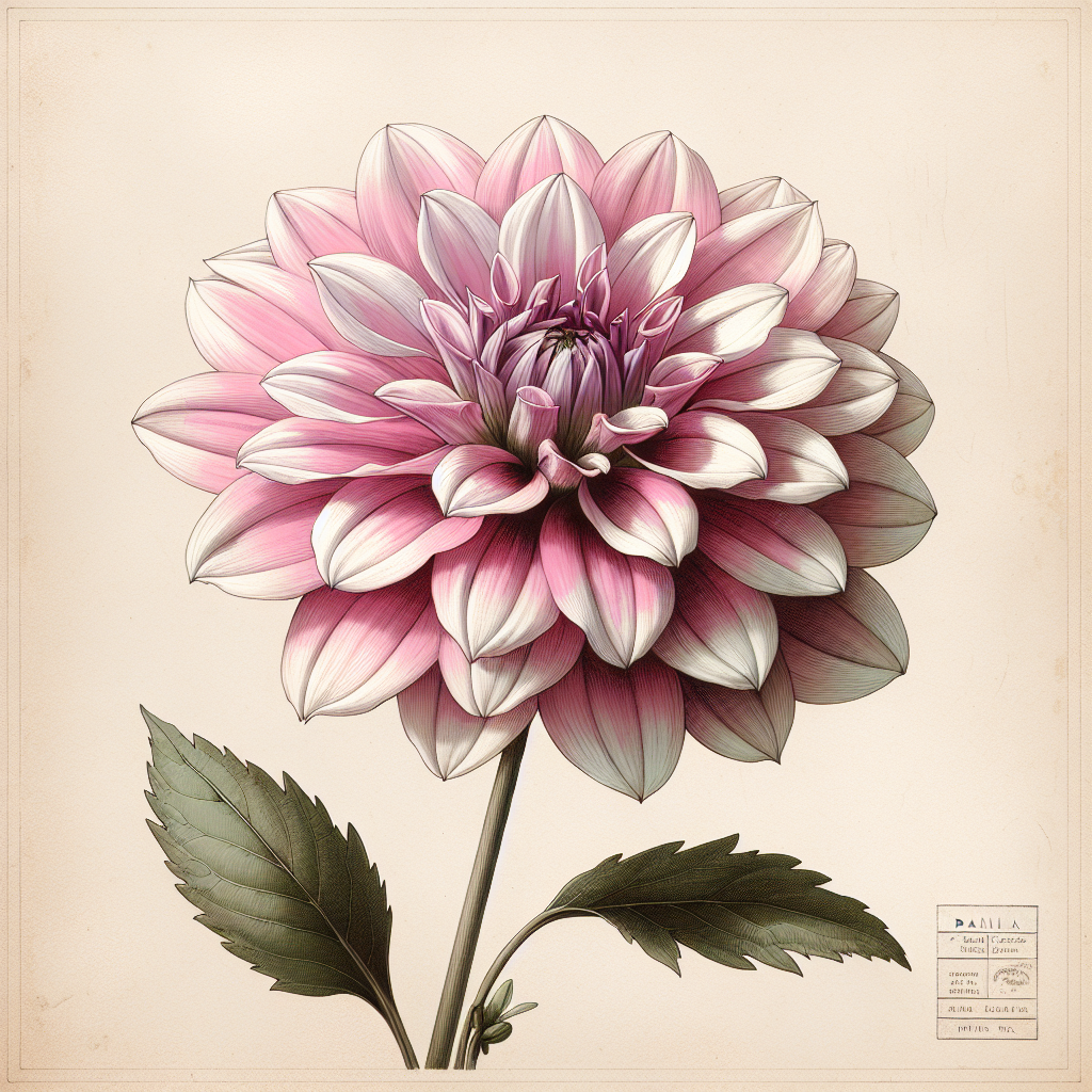 Botanical plate illustration of Karma Prospero dahlia, Pink Straight Cactus