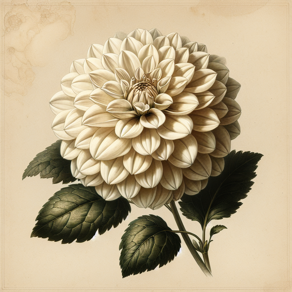 Botanical plate illustration of Karma Serena dahlia, White Formal Decorative